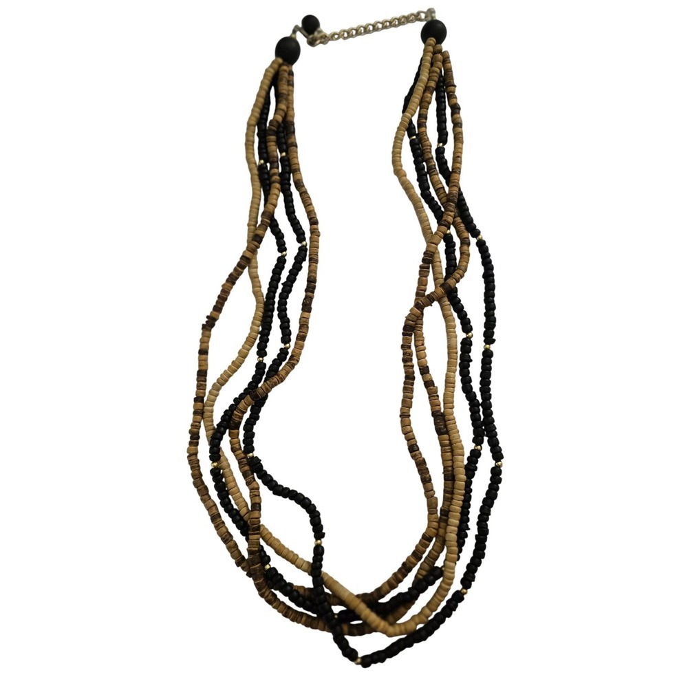 Multi Strand Wood Bead Necklace Bohemian Layered Brown Black Natural Tan